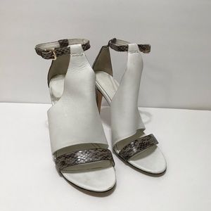 Theory White Leather Snake Print Open Toe Heels